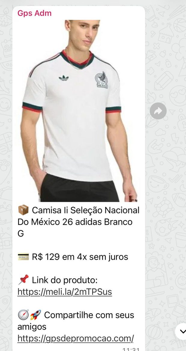 Print da oferta Camisa II Seleção Nacional do México 26 Adidas enviada no grupo de WhatsApp do GPS de Promoção