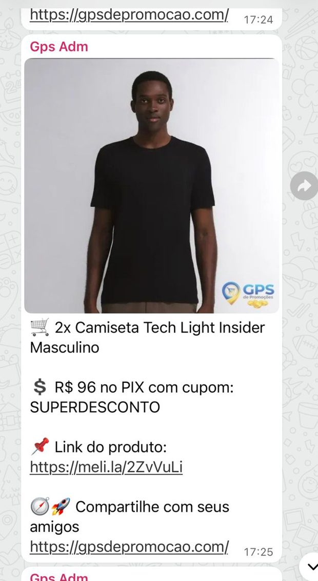 Print da oferta 2x Camiseta Tech Light Insider Masculina enviada no grupo de WhatsApp do GPS de Promoção