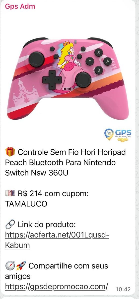 Print da oferta Controle Hori Horipad Peach para Nintendo Switch enviada no grupo de WhatsApp do GPS de Promoção