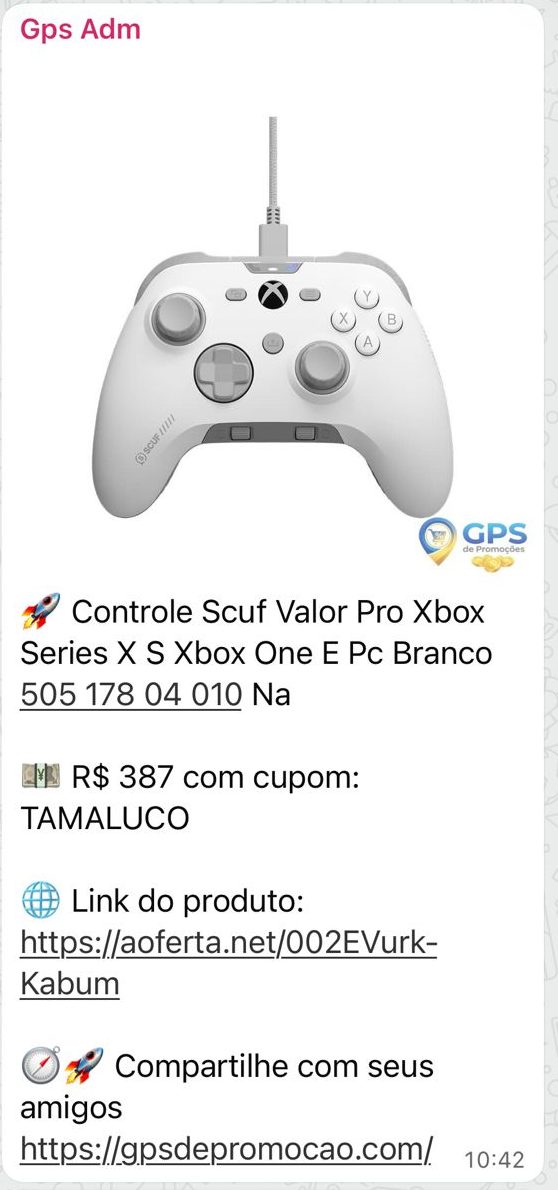 Print da oferta Controle Scuf Valor Pro para Xbox enviada no grupo de WhatsApp do GPS de Promoção
