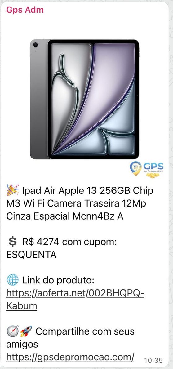 Print da oferta iPad Air 13" M3 256GB enviada no grupo de WhatsApp do GPS de Promoção