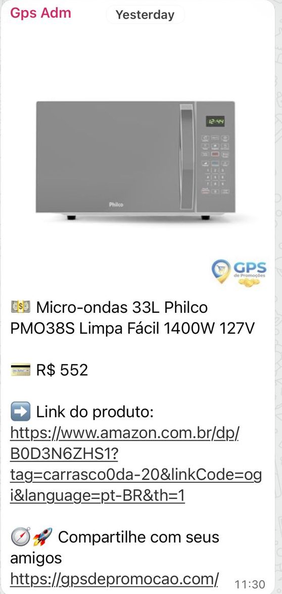 Print da oferta Micro-ondas Philco 33L 1400W enviada no grupo de WhatsApp do GPS de Promoção