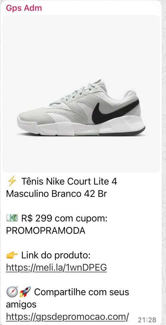 Print da oferta Tênis Nike Court Lite 4 Masculino enviada no grupo de WhatsApp do GPS de Promoção