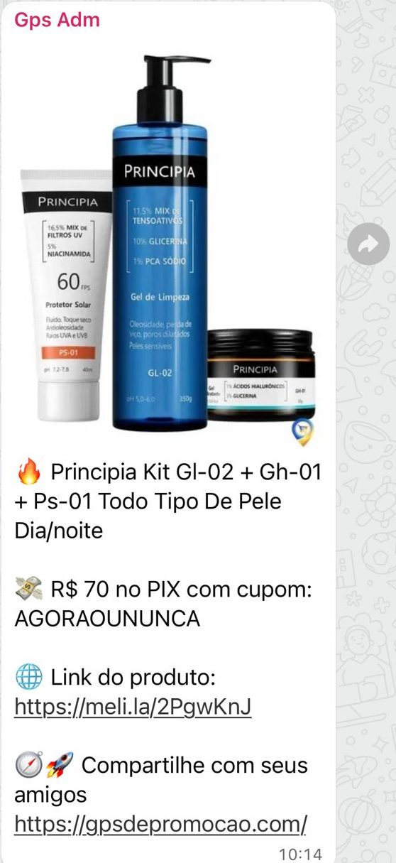 Print da oferta Kit Principia GL-02 + GH-01 + PS-01 enviada no grupo de WhatsApp do GPS de Promoção