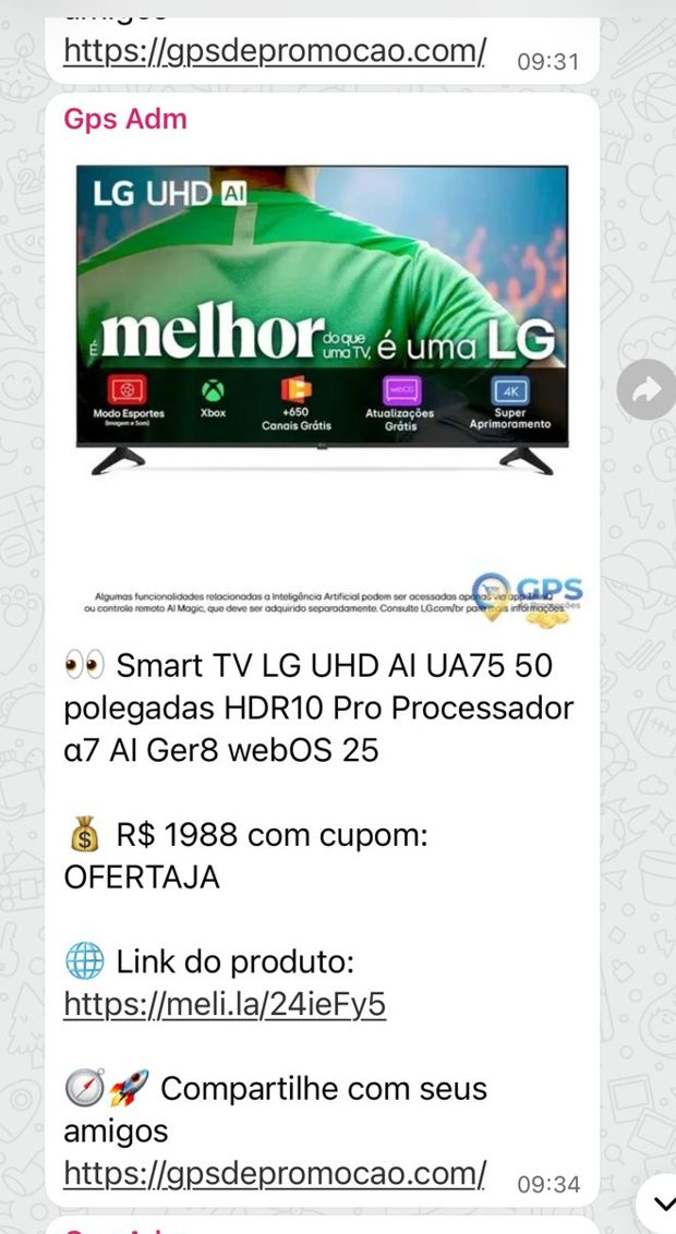 Print da oferta Smart TV LG UHD AI UA75 50" 4K enviada no grupo de WhatsApp do GPS de Promoção